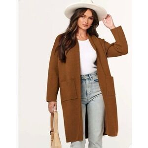 ANRABESS Brown Open Front Draped Knit Cardigan Long Sleeve Pockets XL Carmel NWT